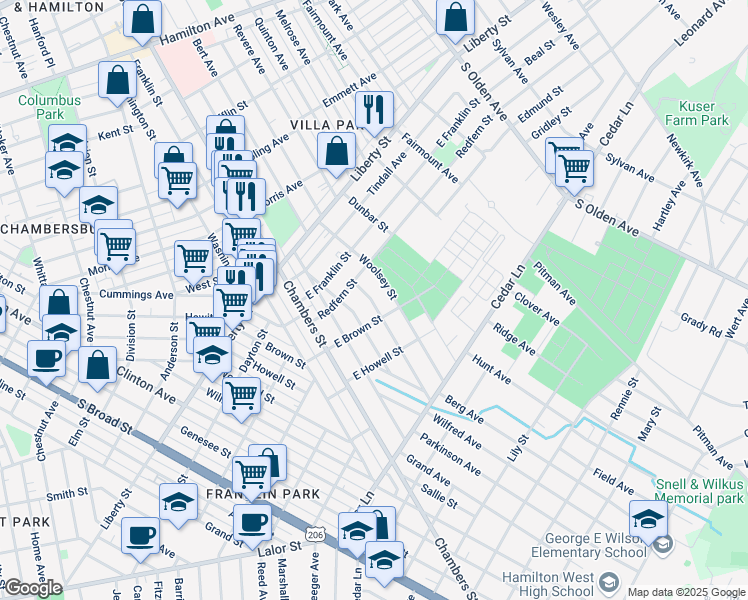 map of restaurants, bars, coffee shops, grocery stores, and more near 347 Woolsey Street in Hamilton Township