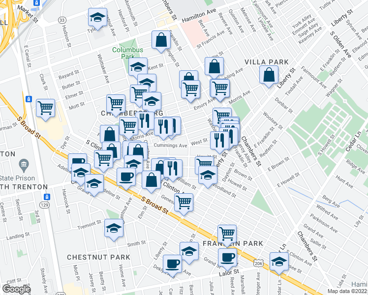 map of restaurants, bars, coffee shops, grocery stores, and more near 255 Cummings Avenue in Trenton