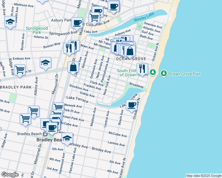map of restaurants, bars, coffee shops, grocery stores, and more near 78 Clark Avenue in Neptune Township