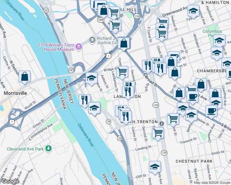 map of restaurants, bars, coffee shops, grocery stores, and more near 63 Hills Place in Trenton