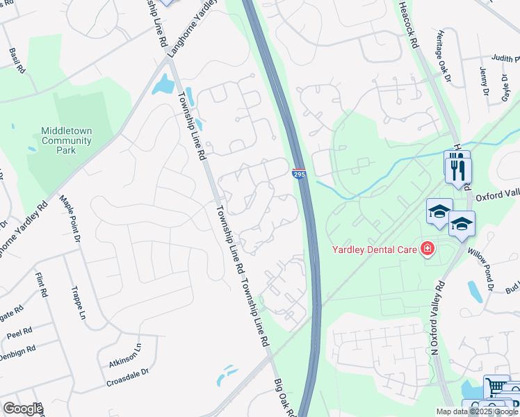 map of restaurants, bars, coffee shops, grocery stores, and more near 2303 Sterling Road in Yardley
