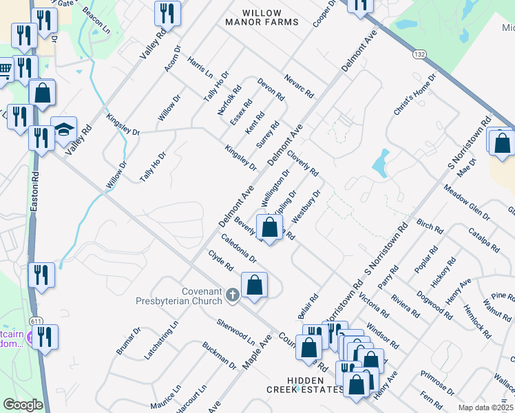 map of restaurants, bars, coffee shops, grocery stores, and more near 154 Wellington Drive in Warminster