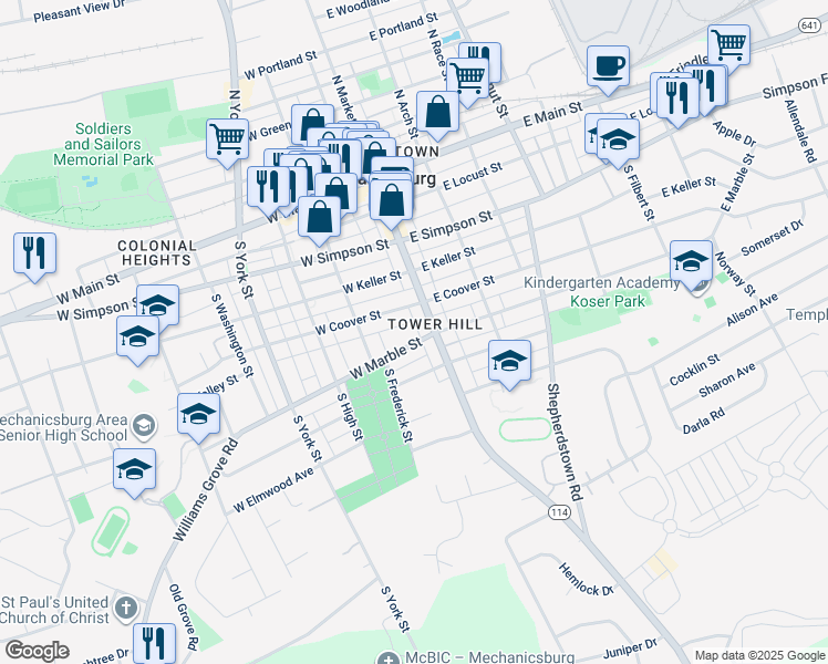 map of restaurants, bars, coffee shops, grocery stores, and more near 13 West Coover Street in Mechanicsburg