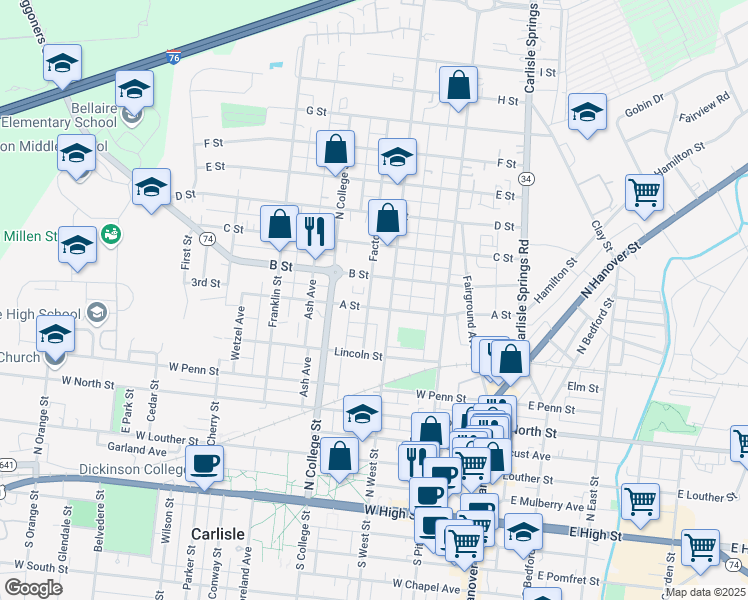 map of restaurants, bars, coffee shops, grocery stores, and more near 520 North West Street in Carlisle