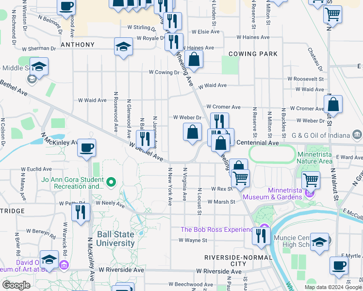 map of restaurants, bars, coffee shops, grocery stores, and more near 1204 West Bethel Avenue in Muncie
