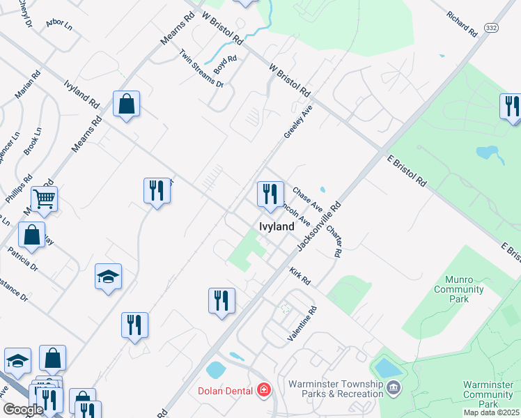 map of restaurants, bars, coffee shops, grocery stores, and more near 89 Gough Avenue in Ivyland