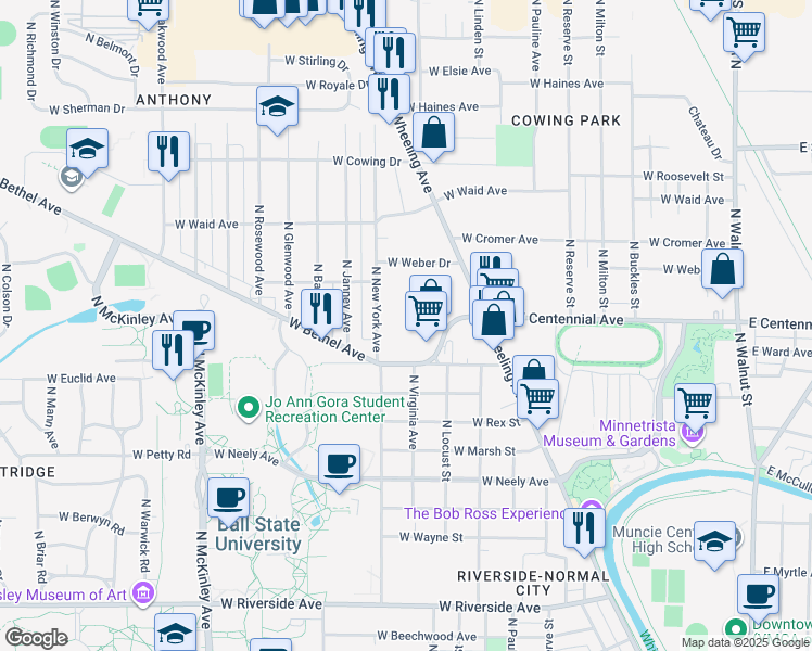 map of restaurants, bars, coffee shops, grocery stores, and more near 1204 West Bethel Avenue in Muncie