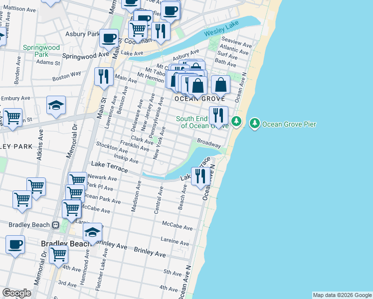 map of restaurants, bars, coffee shops, grocery stores, and more near 40 Broadway in Neptune Township
