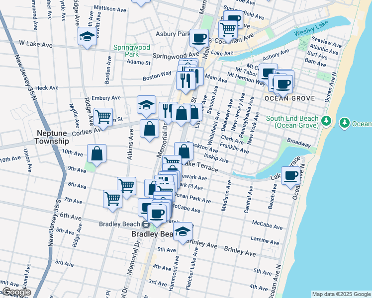 map of restaurants, bars, coffee shops, grocery stores, and more near 160 S Main St in Ocean Grove