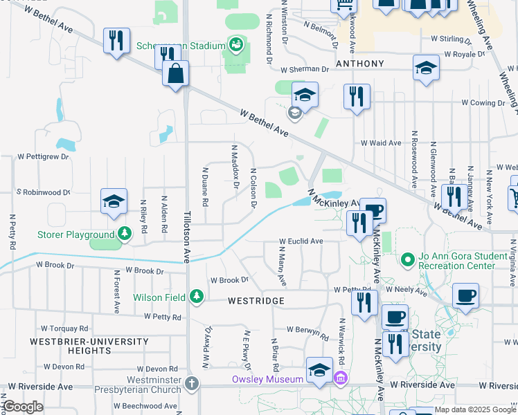 map of restaurants, bars, coffee shops, grocery stores, and more near 1800 North Colson Drive in Muncie
