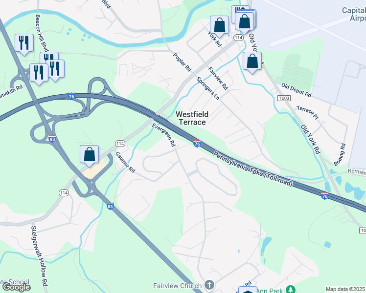 map of restaurants, bars, coffee shops, grocery stores, and more near 282 Fieldstone Court in New Cumberland