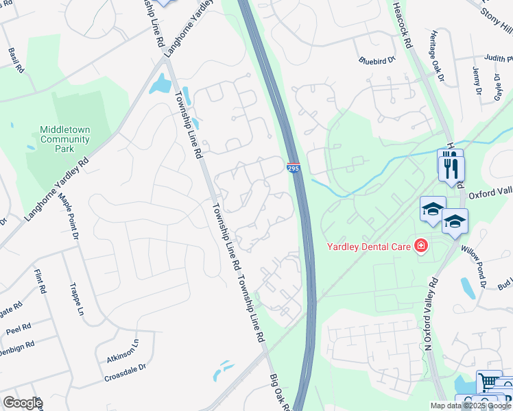 map of restaurants, bars, coffee shops, grocery stores, and more near 2307 Sterling Road in Yardley