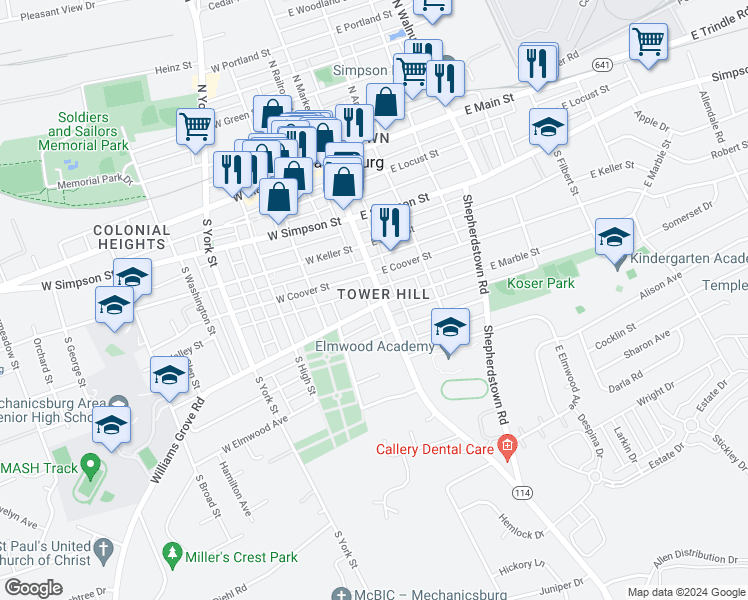 map of restaurants, bars, coffee shops, grocery stores, and more near 418 South Market Street in Mechanicsburg