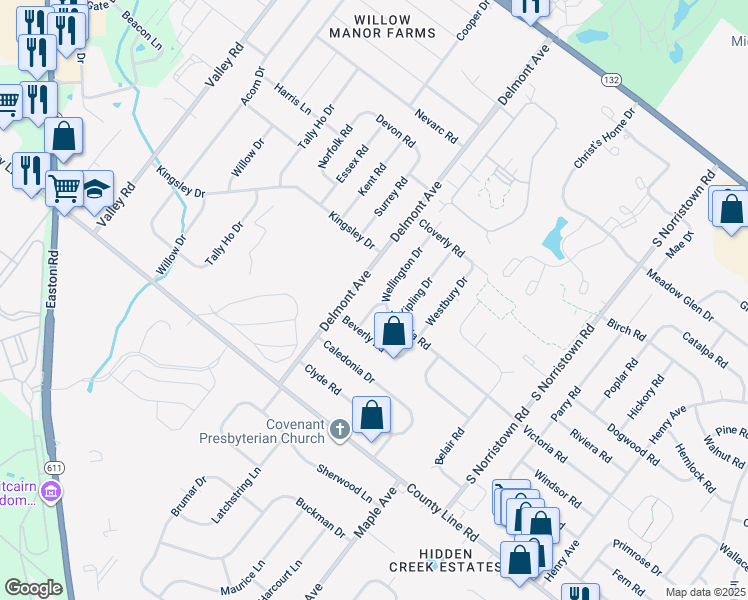 map of restaurants, bars, coffee shops, grocery stores, and more near 154 Wellington Drive in Warminster