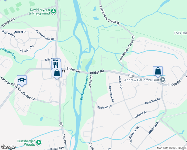 map of restaurants, bars, coffee shops, grocery stores, and more near 502 Bridge Road in Collegeville