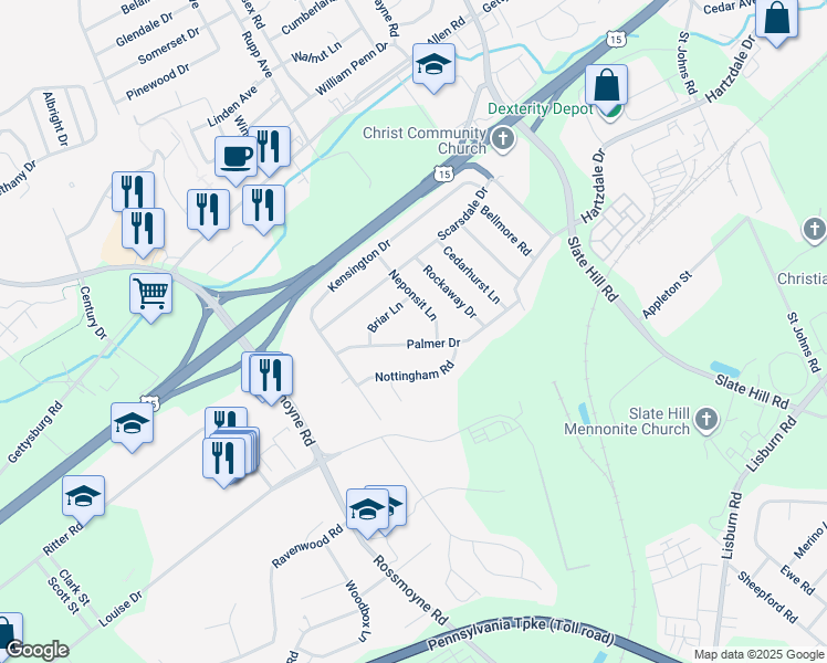 map of restaurants, bars, coffee shops, grocery stores, and more near 23 Palmer Drive in Camp Hill