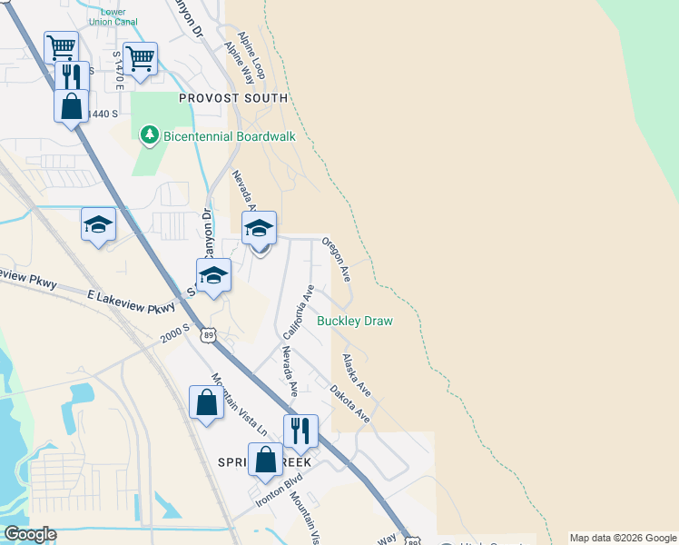 map of restaurants, bars, coffee shops, grocery stores, and more near 1840 Oregon Avenue in Provo