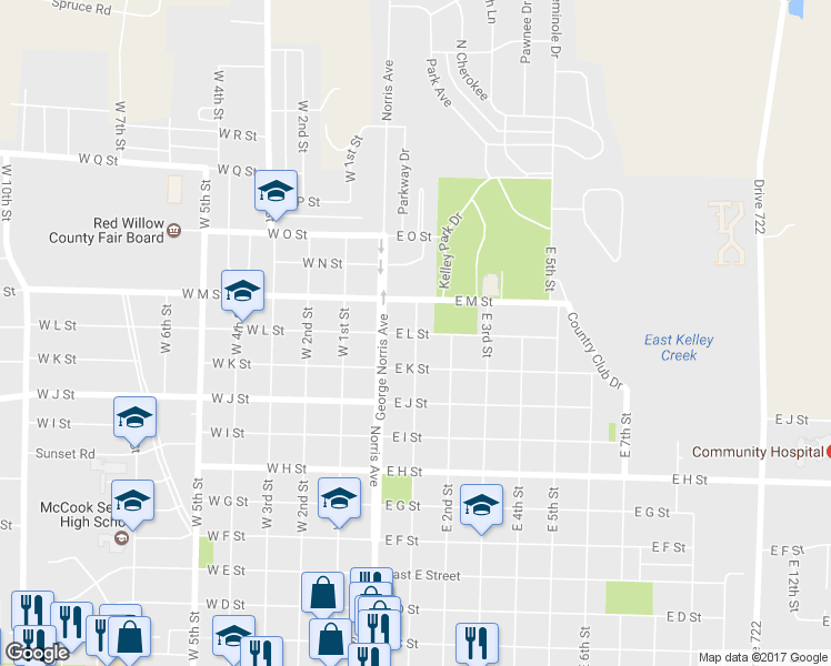map of restaurants, bars, coffee shops, grocery stores, and more near 1200 East 1st Street in McCook