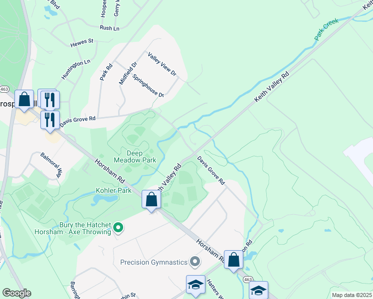 map of restaurants, bars, coffee shops, grocery stores, and more near 1001 Davis Grove Road in Horsham