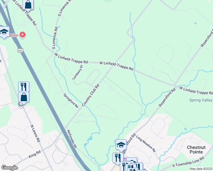 map of restaurants, bars, coffee shops, grocery stores, and more near 171 Wentworth Circle in Royersford