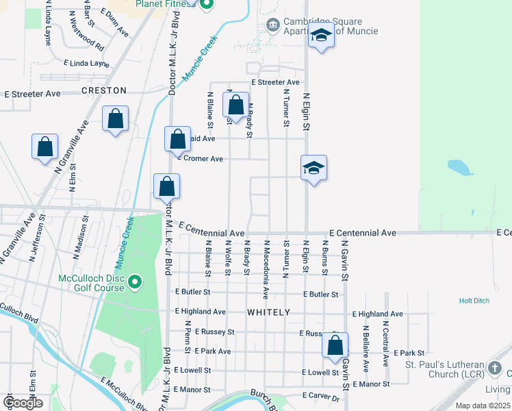 map of restaurants, bars, coffee shops, grocery stores, and more near 1717 North Macedonia Avenue in Muncie