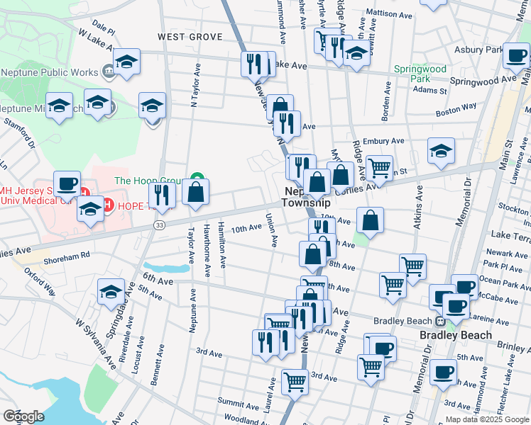 map of restaurants, bars, coffee shops, grocery stores, and more near 1500 Corlies Avenue in Neptune City