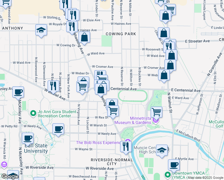 map of restaurants, bars, coffee shops, grocery stores, and more near 723 West Centennial Avenue in Muncie