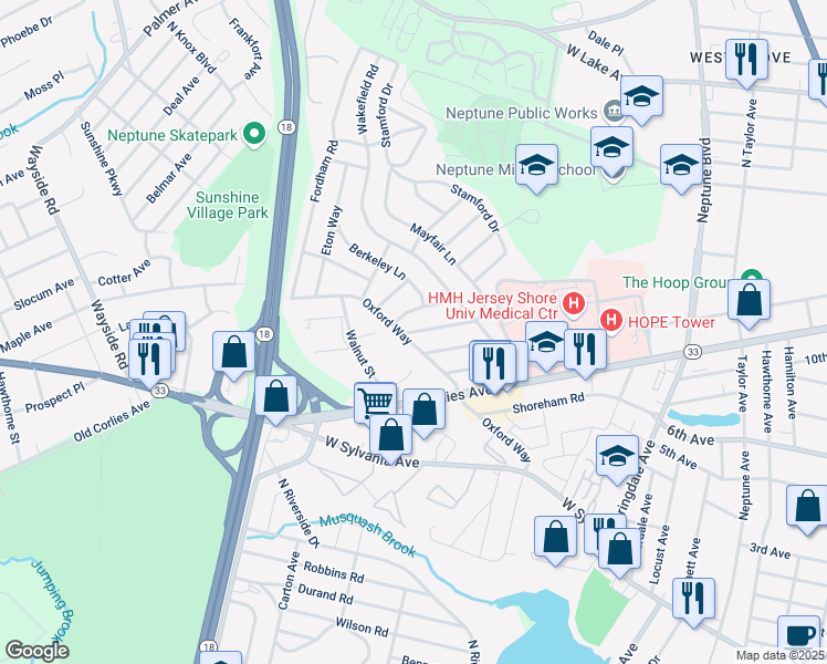 map of restaurants, bars, coffee shops, grocery stores, and more near 120 Harrow Court in Neptune City