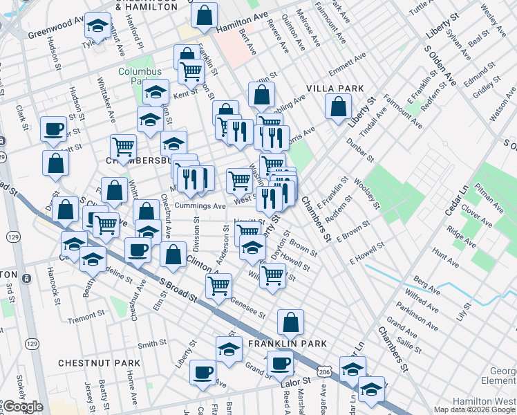 map of restaurants, bars, coffee shops, grocery stores, and more near 377 Cummings Avenue in Trenton