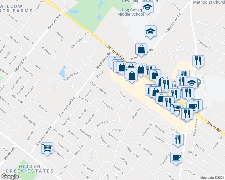 map of restaurants, bars, coffee shops, grocery stores, and more near 984 Gladwyn Road in Warminster