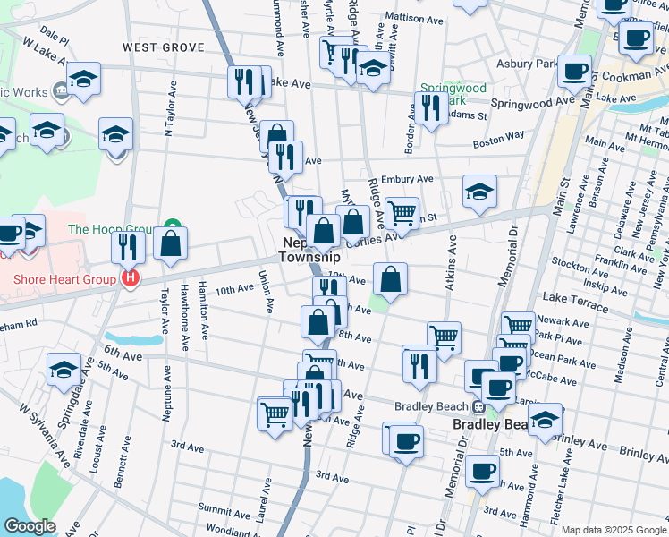 map of restaurants, bars, coffee shops, grocery stores, and more near 1327 10th Avenue in Neptune City