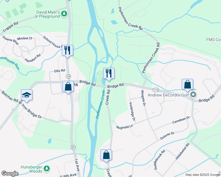 map of restaurants, bars, coffee shops, grocery stores, and more near 502 Bridge Road in Collegeville
