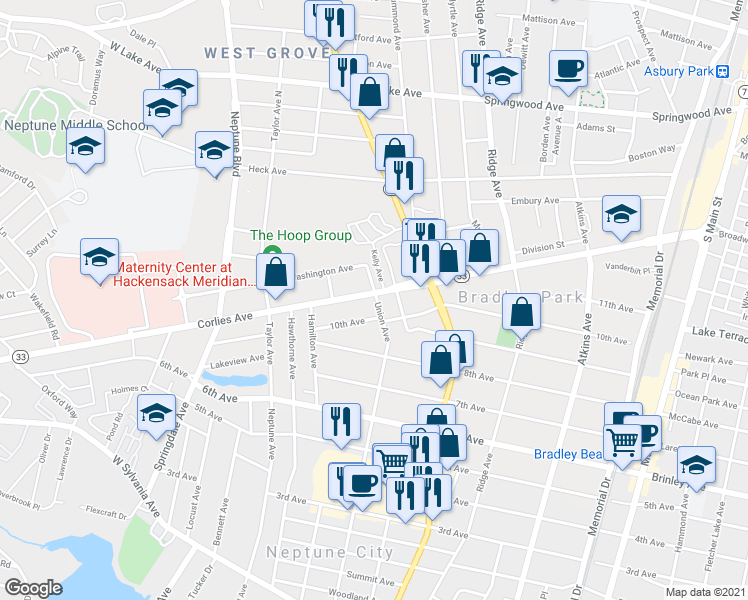 map of restaurants, bars, coffee shops, grocery stores, and more near 1500 Corlies Avenue in Neptune City
