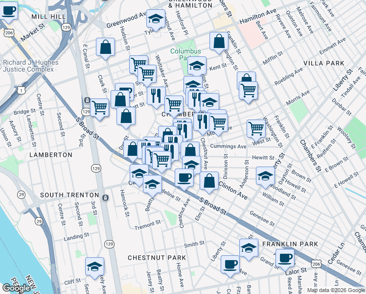 map of restaurants, bars, coffee shops, grocery stores, and more near 234 Fulton Street in Trenton