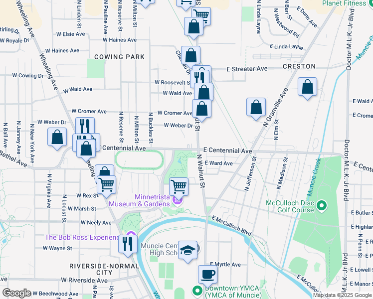 map of restaurants, bars, coffee shops, grocery stores, and more near 116 West Centennial Avenue in Muncie
