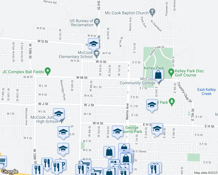 map of restaurants, bars, coffee shops, grocery stores, and more near 301 West L Street in McCook