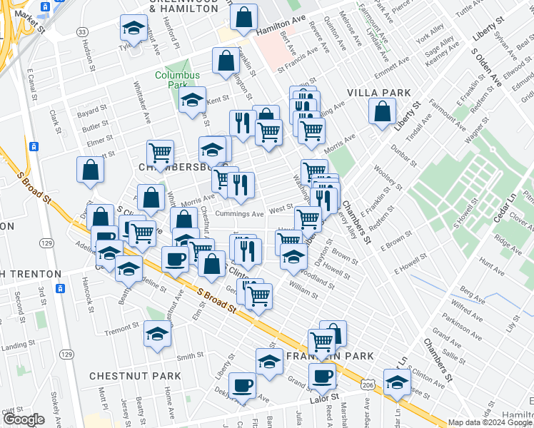 map of restaurants, bars, coffee shops, grocery stores, and more near Anderson Street & Cummings Avenue in Trenton