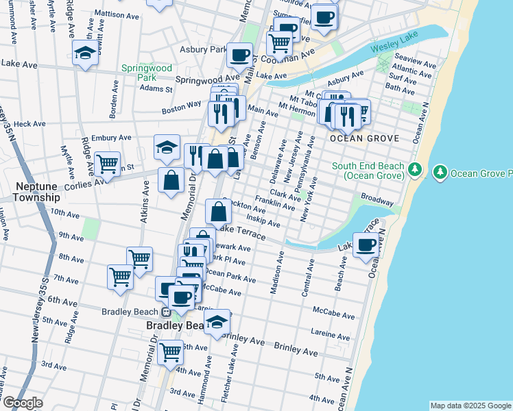 map of restaurants, bars, coffee shops, grocery stores, and more near 120 Franklin Avenue in Neptune Township