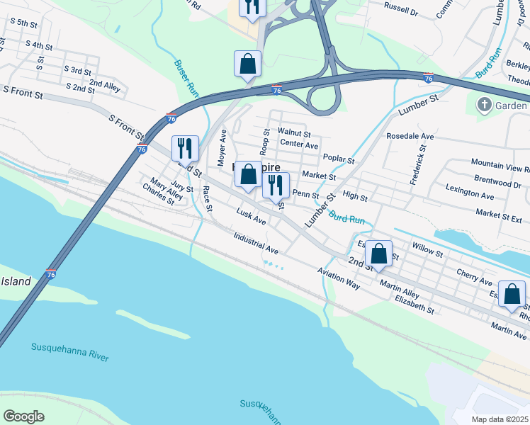 map of restaurants, bars, coffee shops, grocery stores, and more near 223 2nd Street in Highspire