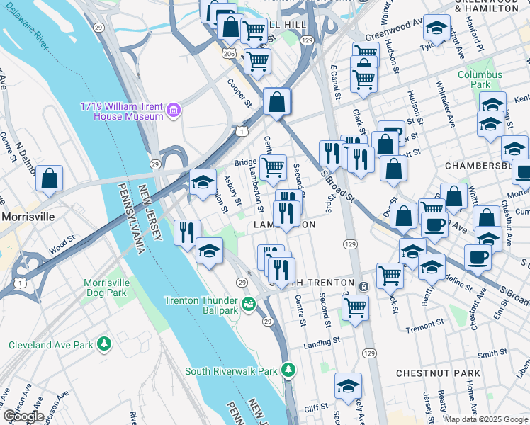 map of restaurants, bars, coffee shops, grocery stores, and more near 526 Lamberton Street in Trenton