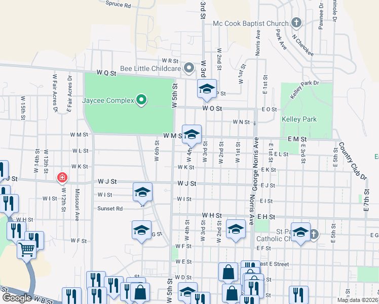 map of restaurants, bars, coffee shops, grocery stores, and more near 501 West L Street in McCook