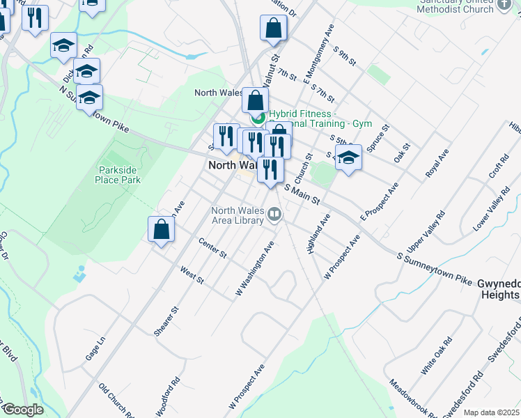 map of restaurants, bars, coffee shops, grocery stores, and more near 177 West Montgomery Avenue in North Wales
