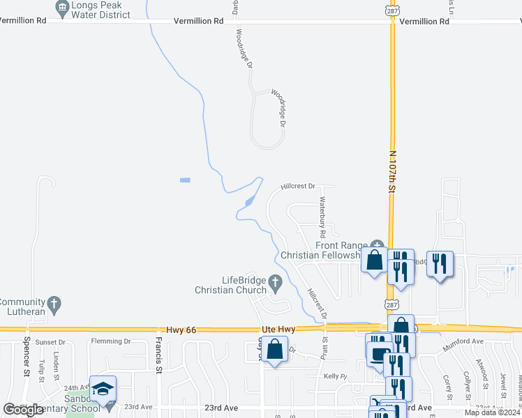 map of restaurants, bars, coffee shops, grocery stores, and more near 12911 Hillcrest Drive in Longmont