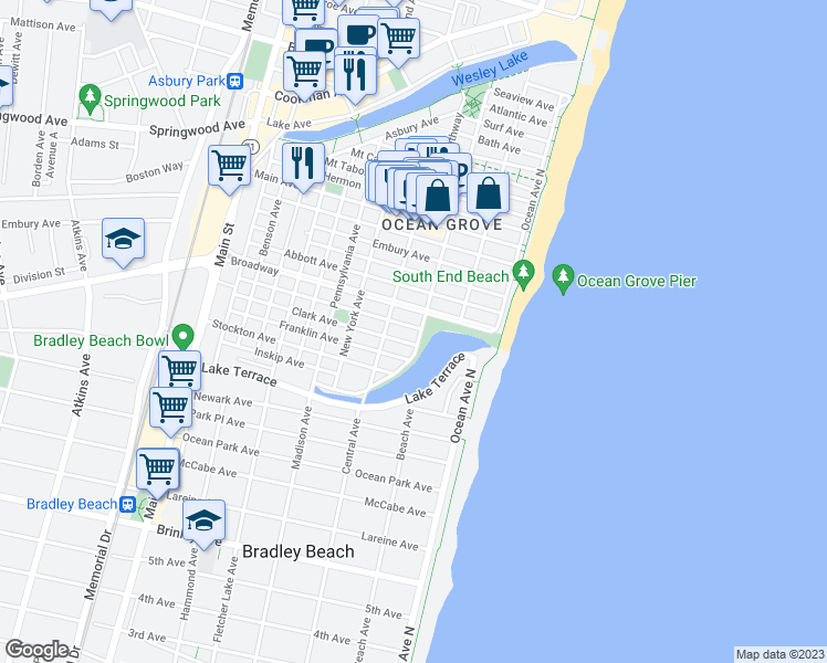 map of restaurants, bars, coffee shops, grocery stores, and more near 99 Central Avenue in Monmouth County