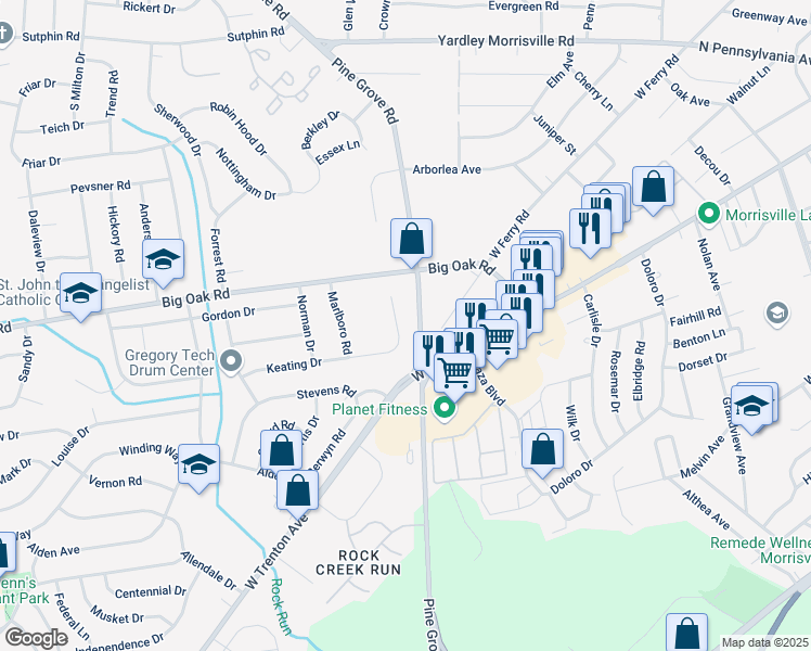 map of restaurants, bars, coffee shops, grocery stores, and more near 481 Keating Drive in Yardley