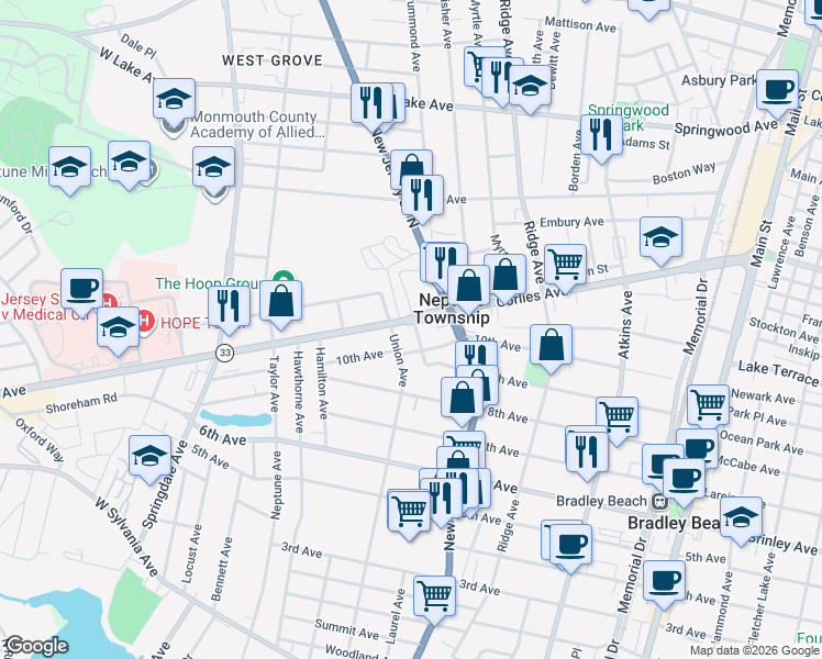 map of restaurants, bars, coffee shops, grocery stores, and more near 1410 New Jersey 33 in Neptune City