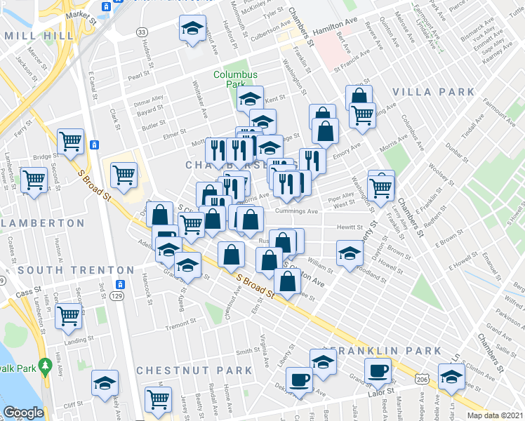 map of restaurants, bars, coffee shops, grocery stores, and more near 901 Chestnut Avenue in Trenton