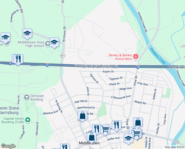 map of restaurants, bars, coffee shops, grocery stores, and more near 1056 Spruce Street in Middletown