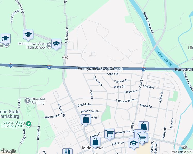 map of restaurants, bars, coffee shops, grocery stores, and more near 1056 Spruce Street in Middletown