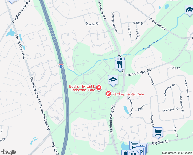 map of restaurants, bars, coffee shops, grocery stores, and more near 5801 Spruce Mill Drive in Yardley